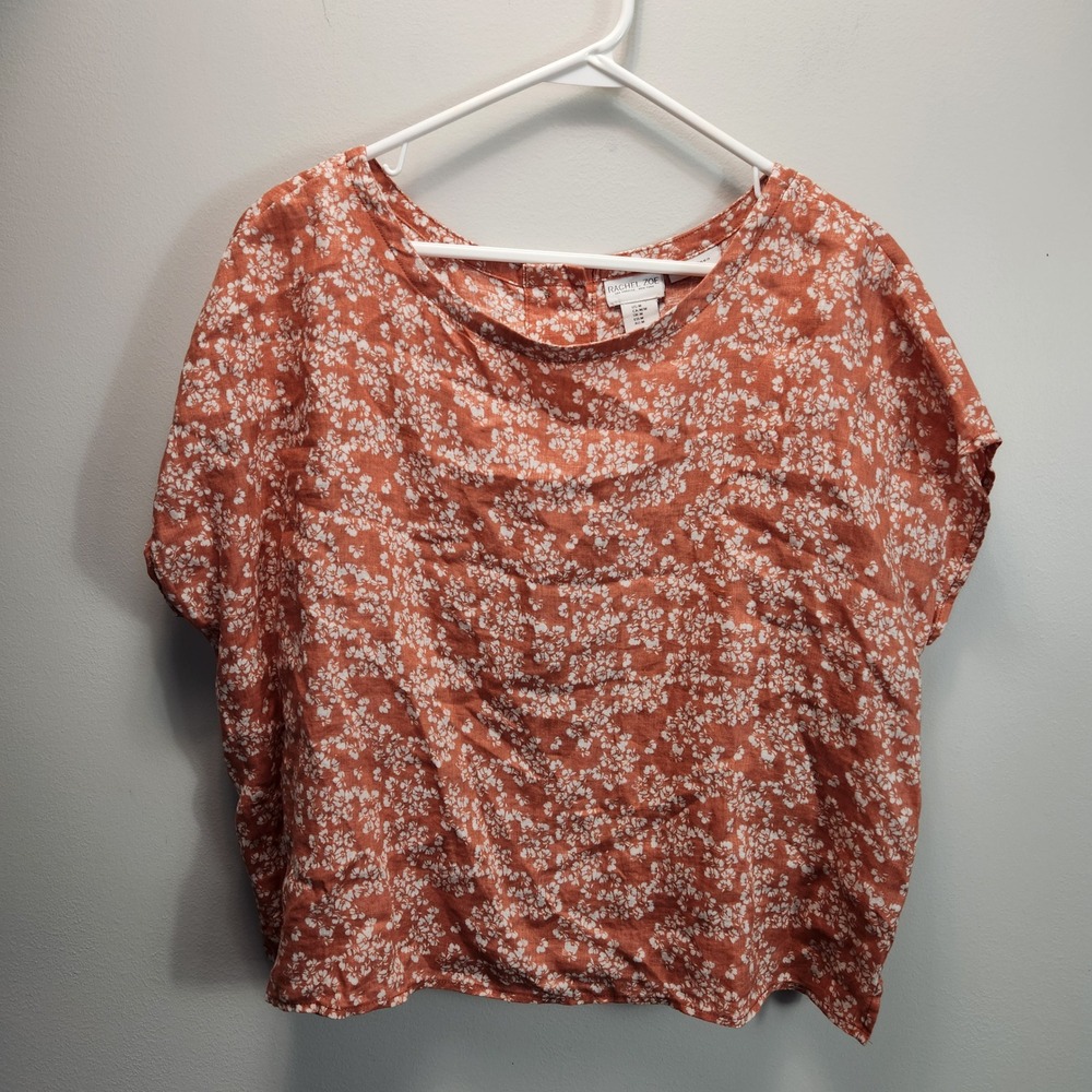 Rachel Zoe Linen Floral Button Back Blouse Rust Orange Short Sleeve Top Womens M